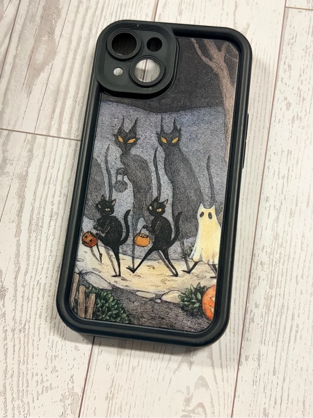 Retro vintage look Halloween Cat & Ghost iPhone Case - Black Frame